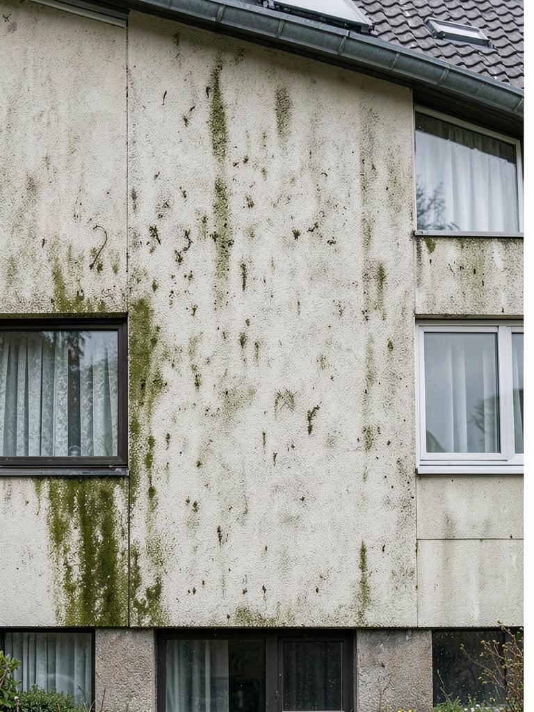 Sliten fasad före och ren behandlad fasad efter fasadrenovering – före