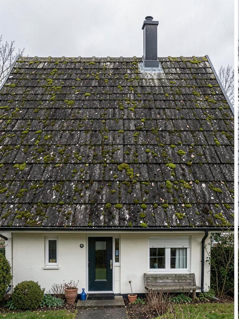 Mosstäckt tak före och rent tak efter takrengöring – före